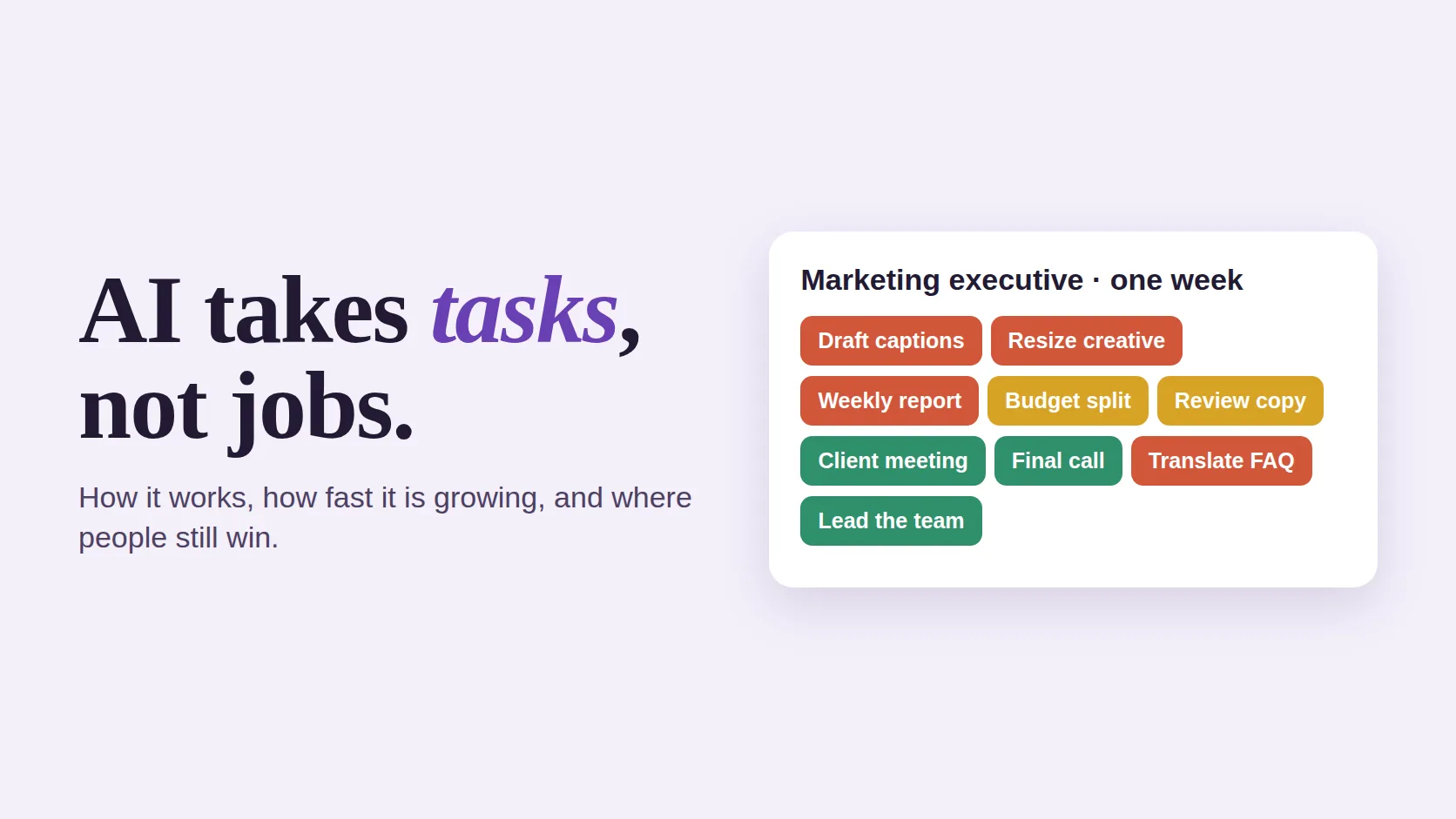 Poster reading AI Takes Tasks, Not Jobs beside a job card split into coloured task tiles