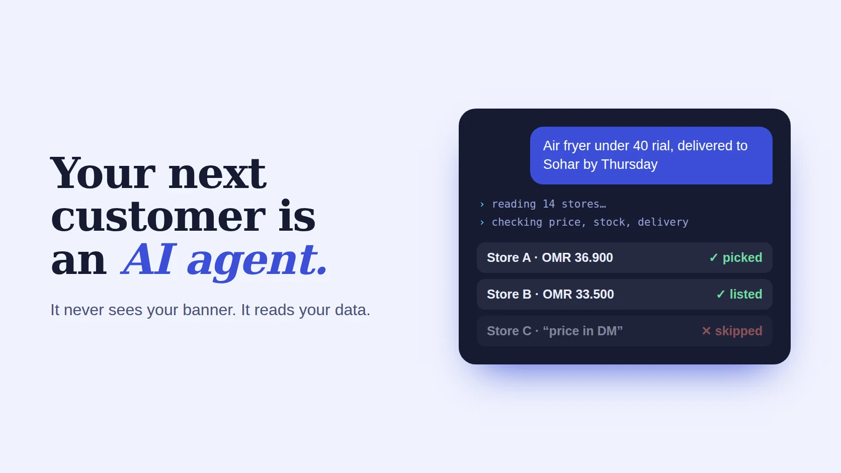 Poster reading Your Next Customer Is an AI Agent beside a chat where an assistant compares three stores
