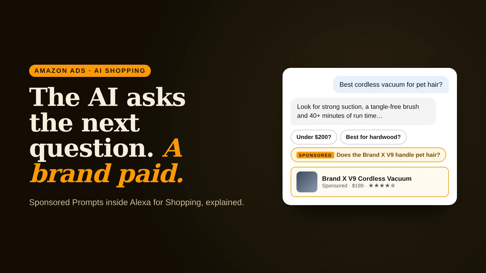 Poster reading The AI asks the next question, and a brand paid for it, beside a shopping chat with a sponsored prompt chip