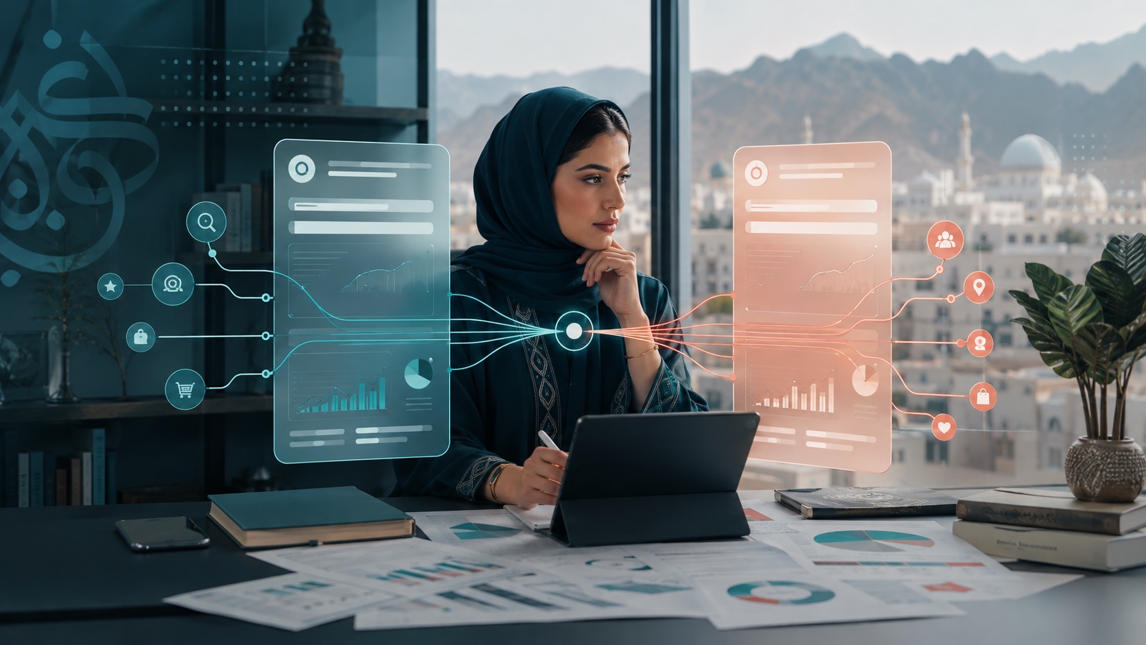 Bilingual Oman marketer comparing two connected search-intent pathways