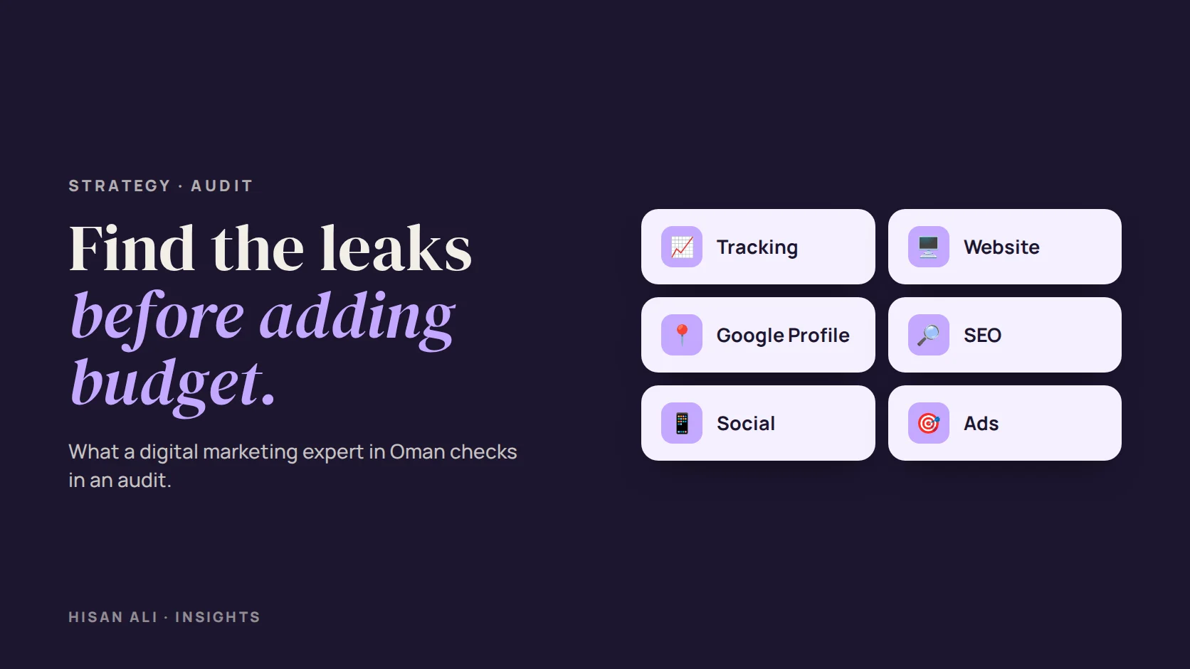 Poster reading Find the leaks before you add more budget, beside six audit areas under a magnifying glass
