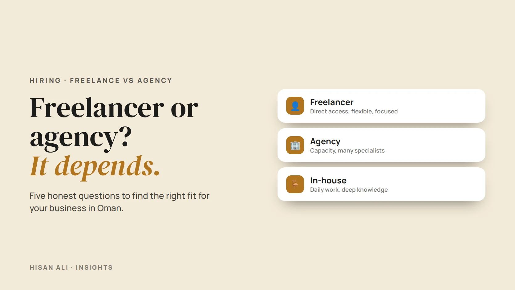 Poster reading Freelancer or agency? Depends on these five answers, beside a forked road sign