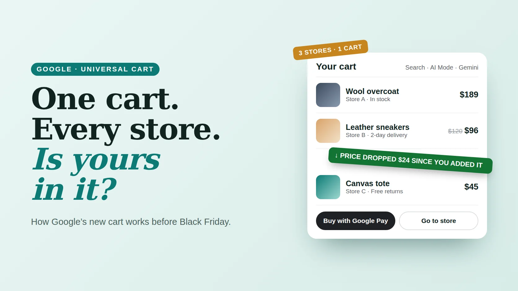 Poster reading One cart, every store, is yours in it, beside a shopping cart holding products from three different retailers and a price-drop alert