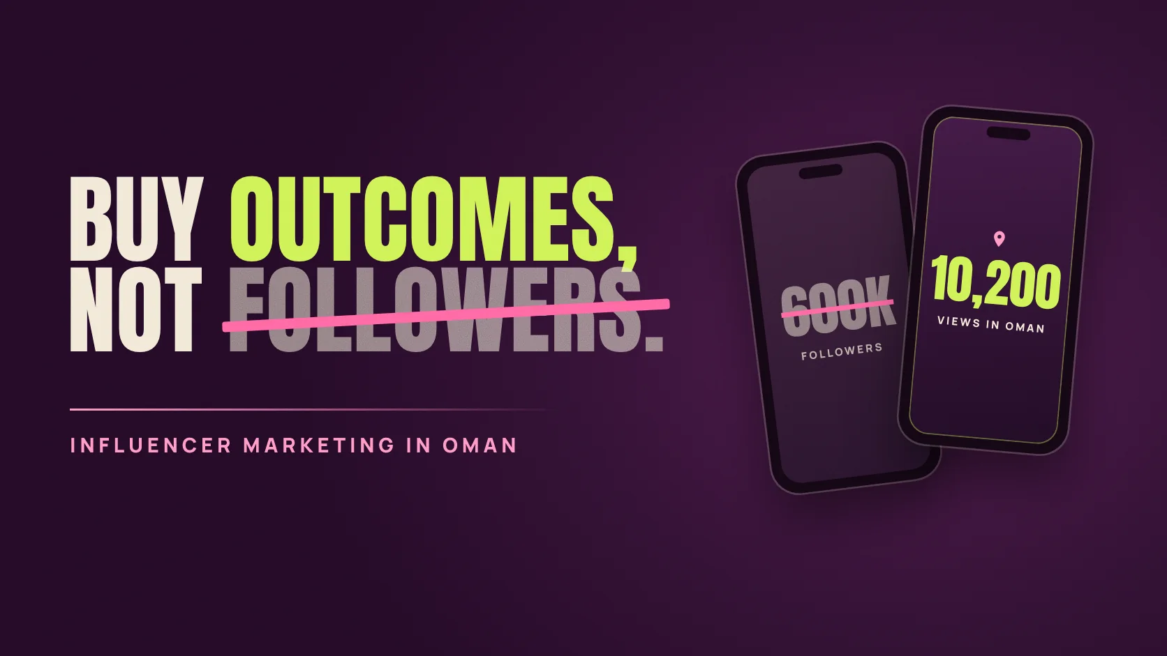 Poster reading Buy Outcomes, Not Followers beside two phone screens comparing a large follower count with local views in Oman