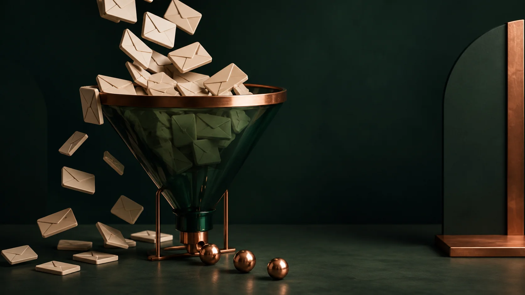 Editorial illustration of message tiles entering a funnel with only a few copper spheres emerging below