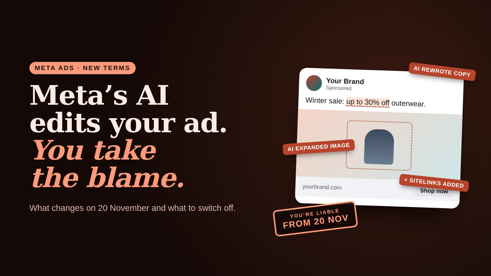 Poster reading Meta’s AI edits your ad, you take the blame, beside an ad card covered in AI edit labels and a stamp saying liable from 20 November
