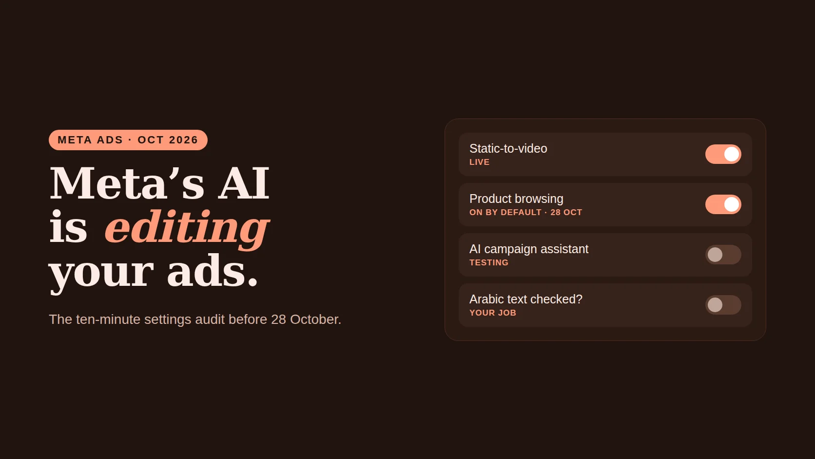 Poster reading Meta's AI Is Editing Your Ads beside a list of settings toggles, some switched on by default