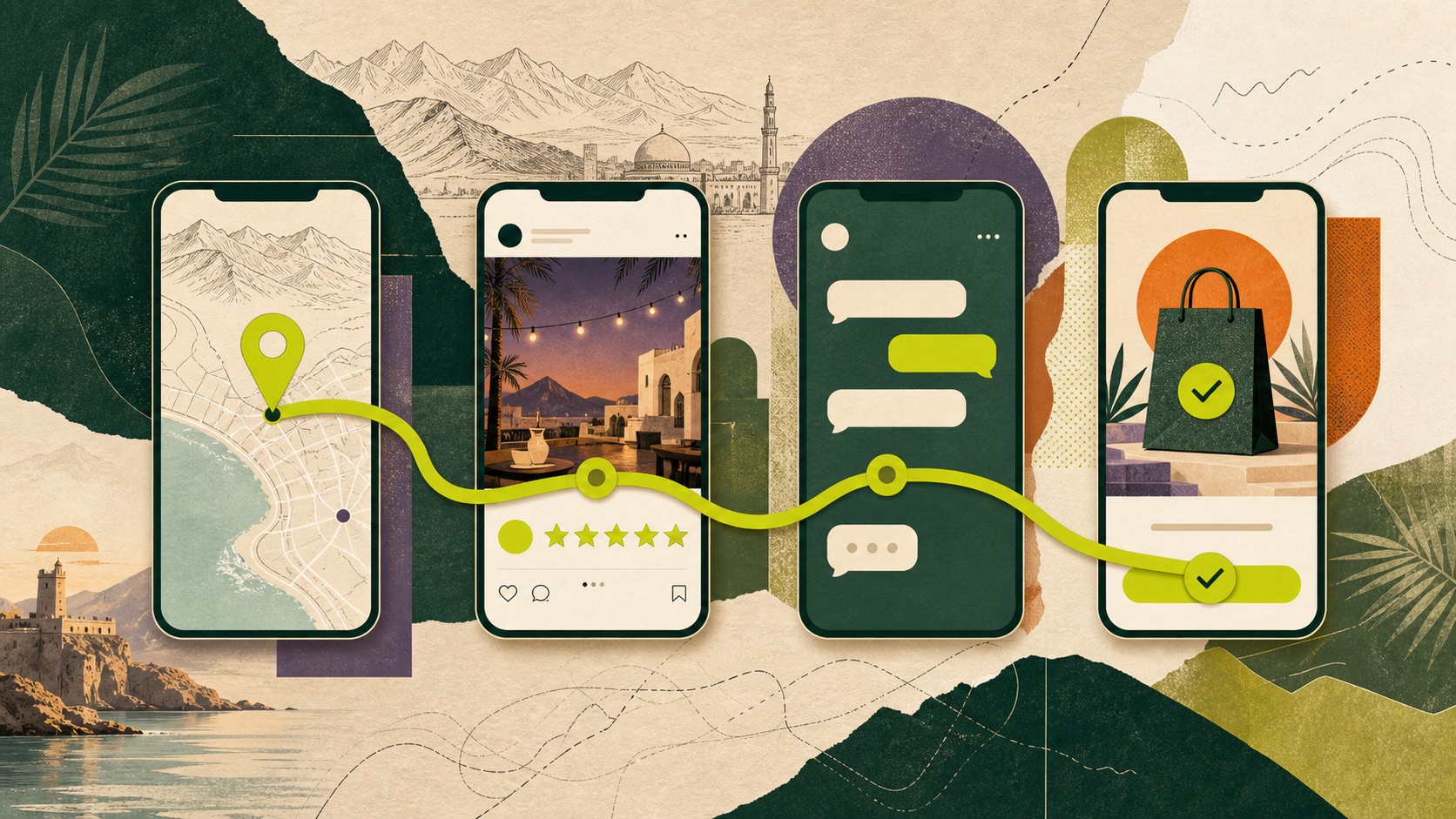 Illustrated customer journey moving from local discovery through social proof and chat to purchase
