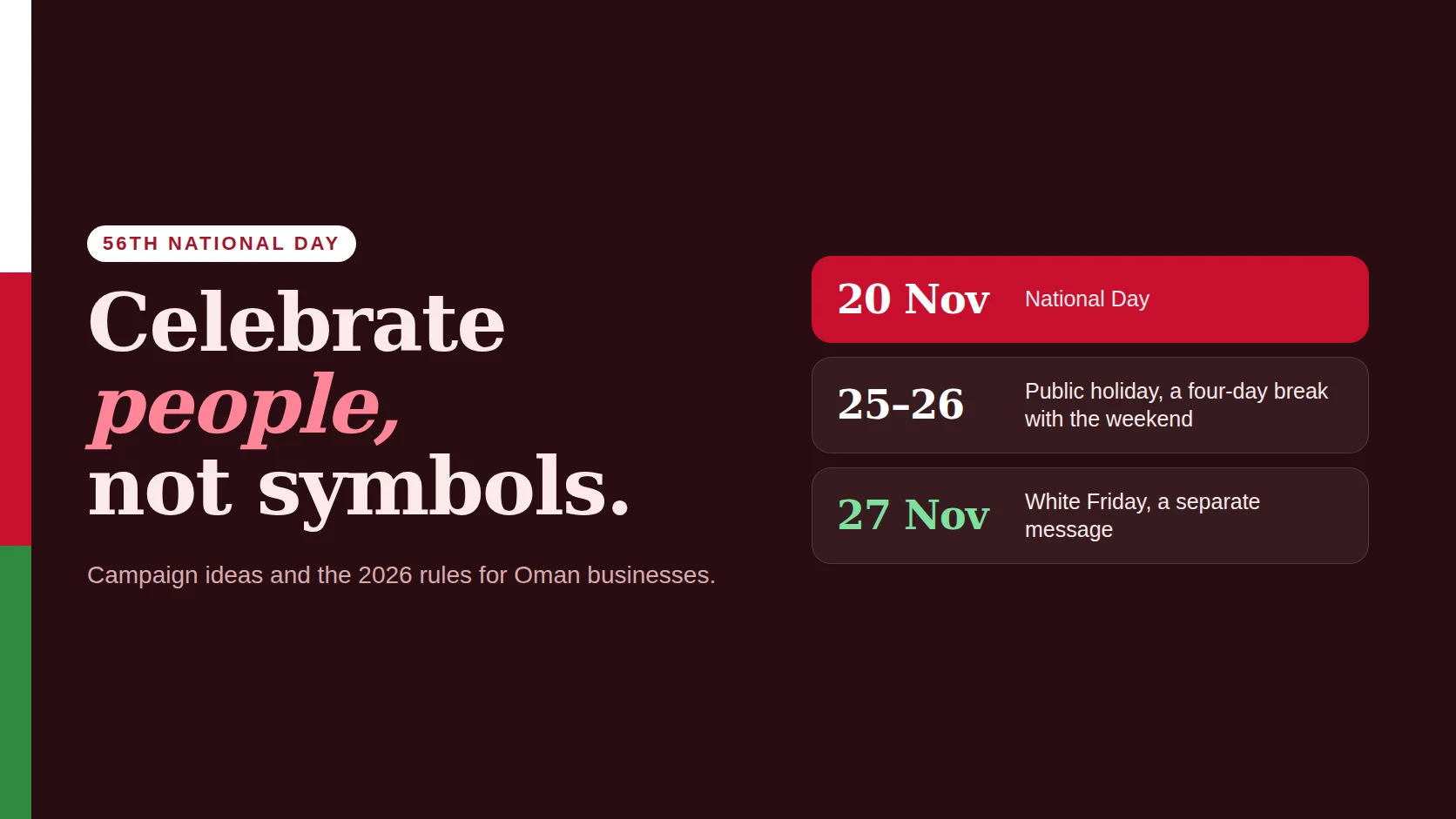 Poster reading National Day 2026 beside a timeline of 20 November, the 25 to 26 November holiday and White Friday on 27 November