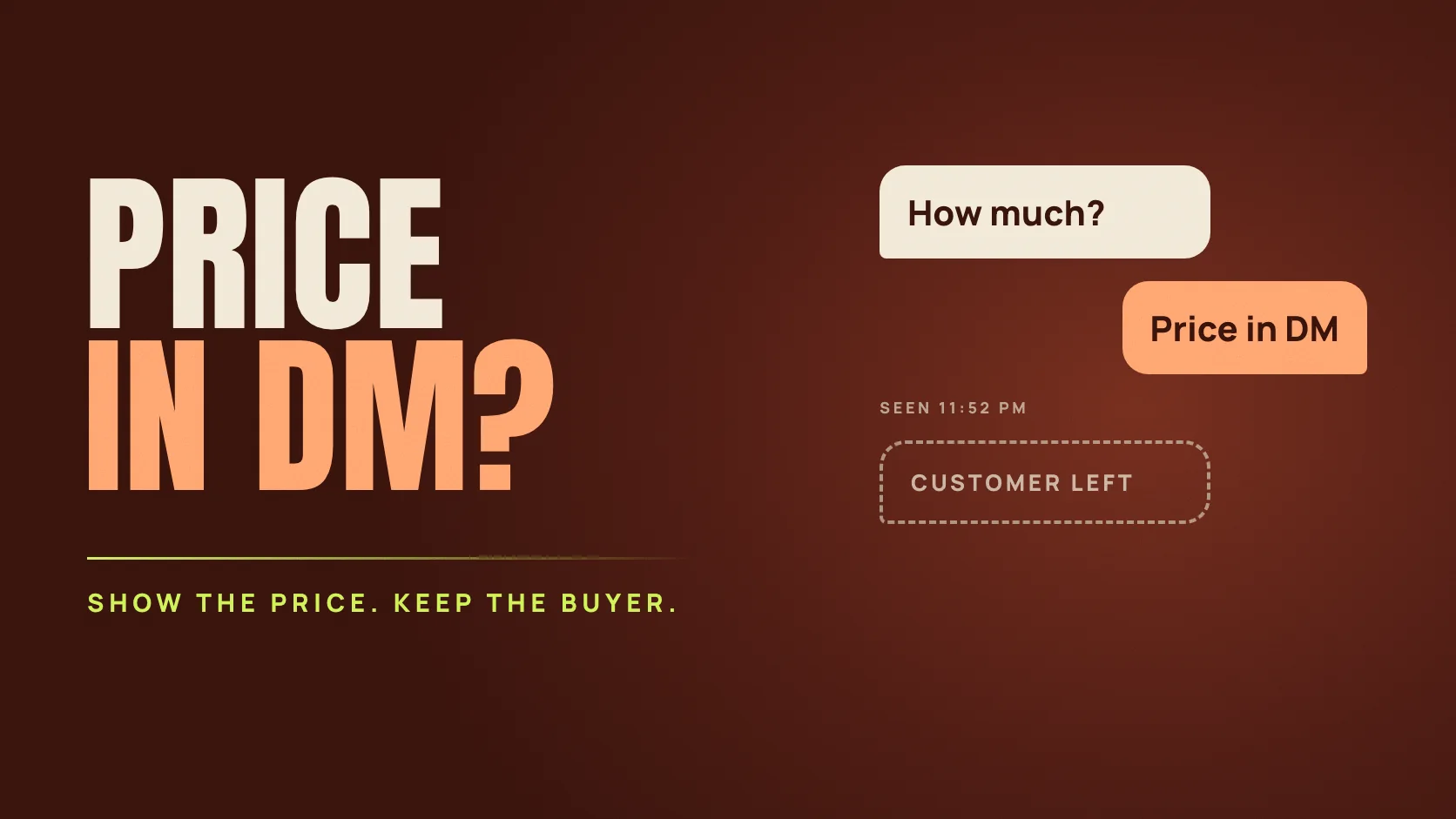 Poster reading Price in DM? beside a chat where How much? is answered with Price in DM and the customer leaves