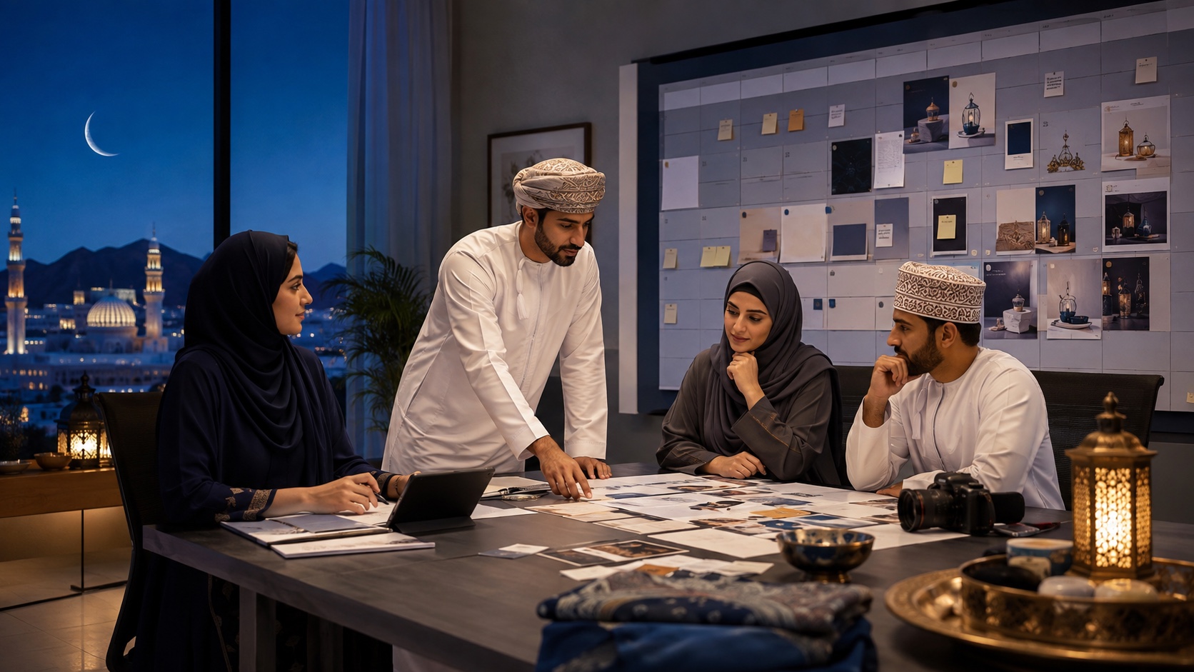 Oman marketing team planning a Ramadan campaign in a Muscat studio
