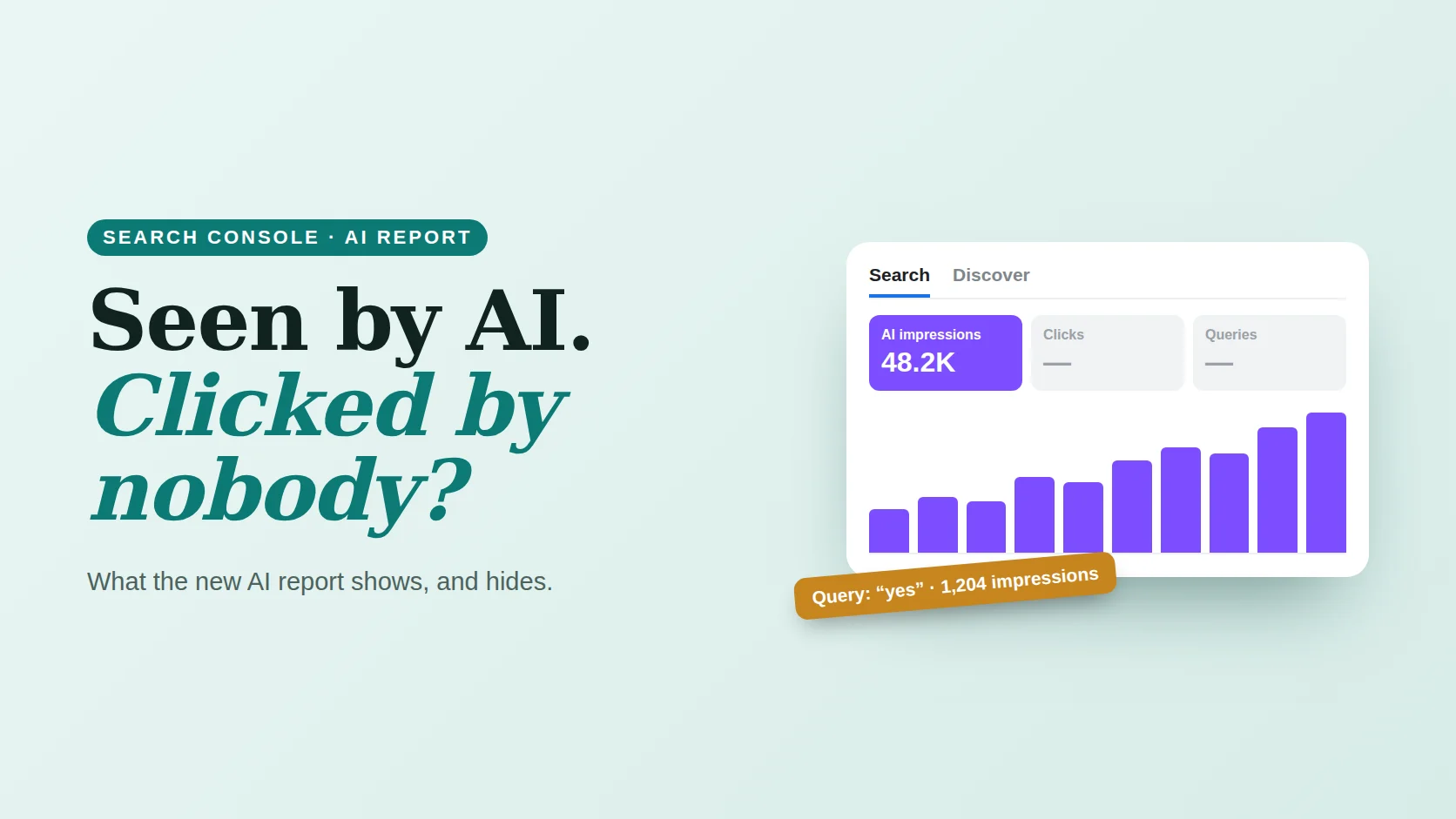 Poster reading Seen by AI, clicked by nobody, beside a Search Console style chart of AI impressions with an empty clicks column