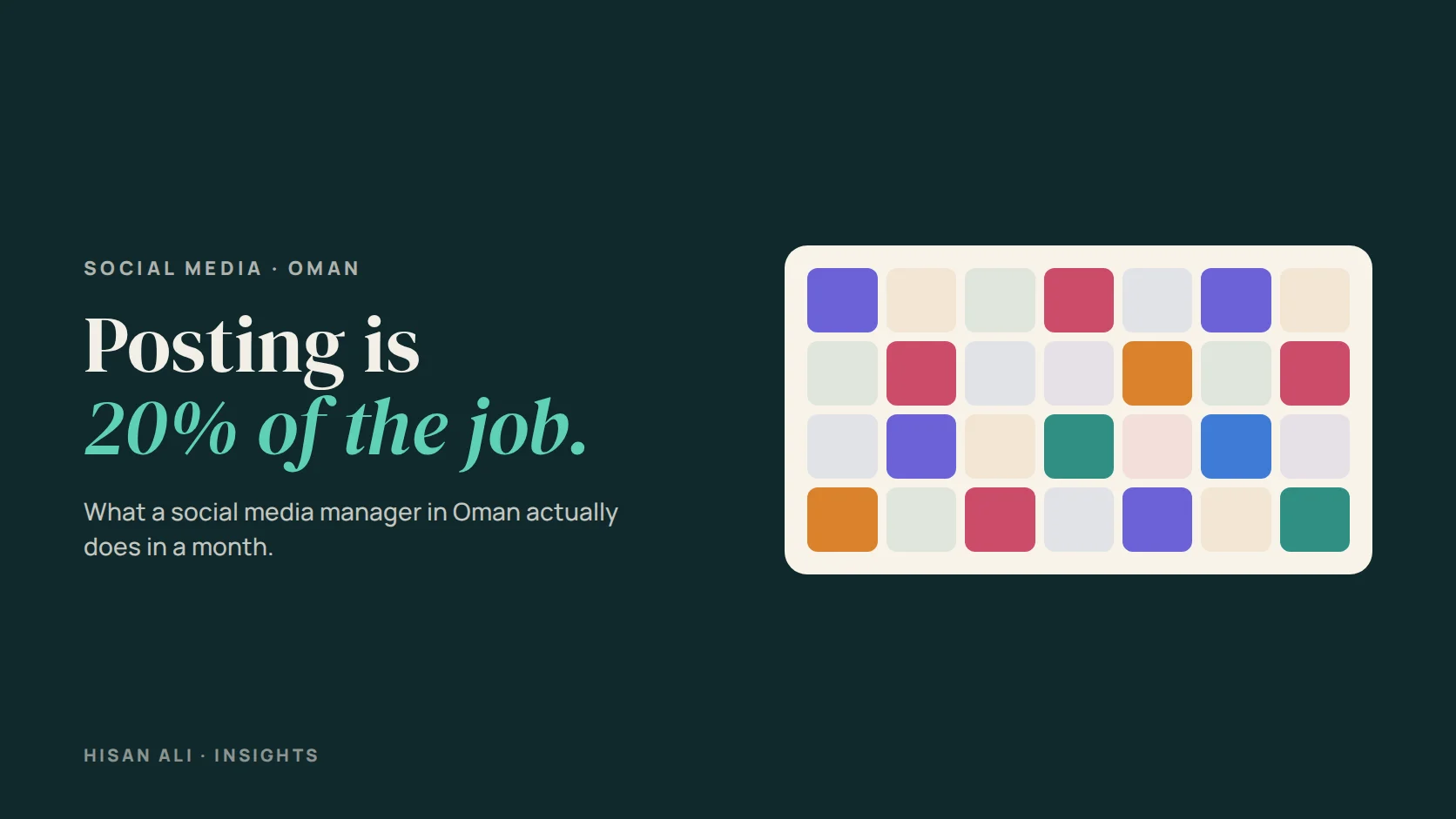 Poster reading Posting is 20% of the job, beside a monthly calendar full of social media tasks