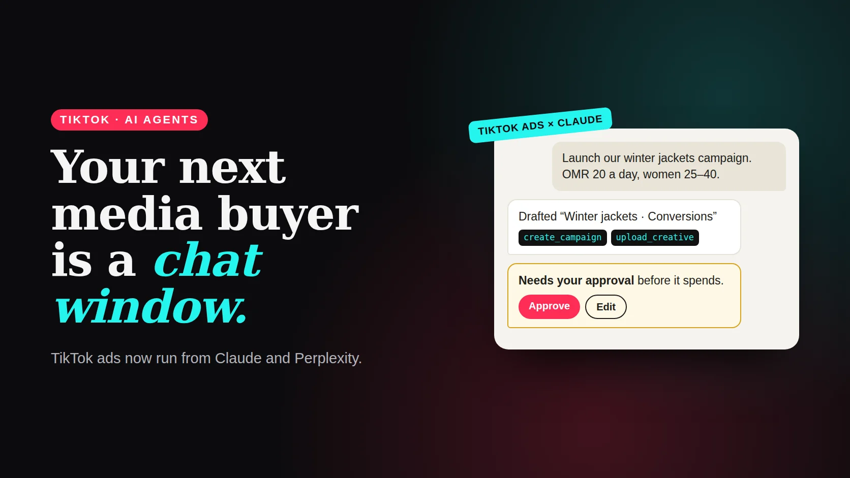 Poster reading Your next media buyer is a chat window, beside a chat where an AI assistant launches a TikTok campaign and asks for budget approval