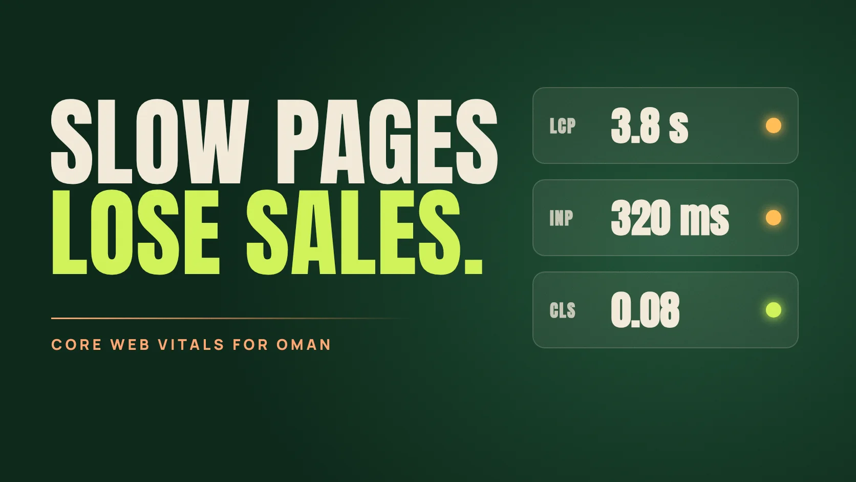 Poster reading Slow Pages Lose Sales beside three score cards for LCP, INP and CLS