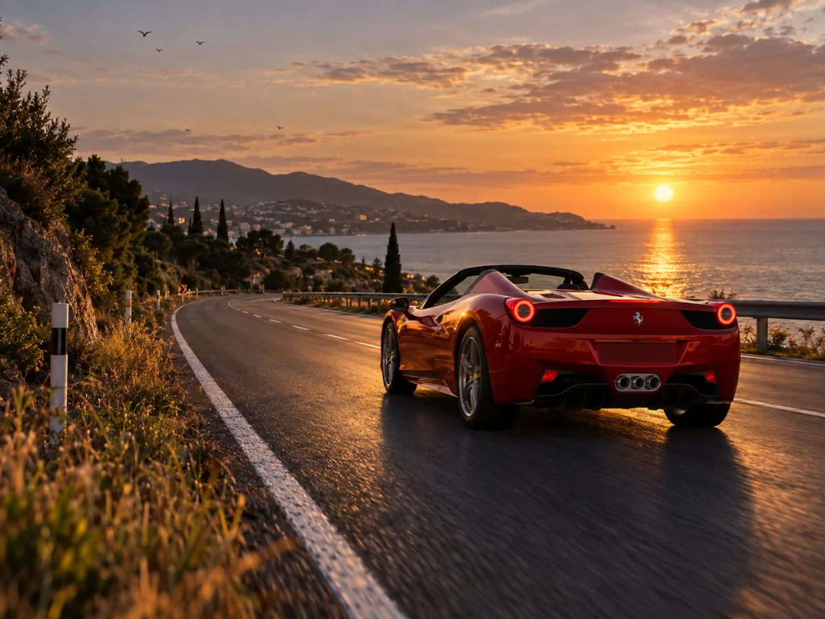 A red convertible on a coastal road at sunset in Evermile