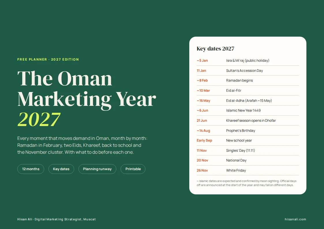 Cover of The Oman Marketing Year 2027 planner with a list of key dates